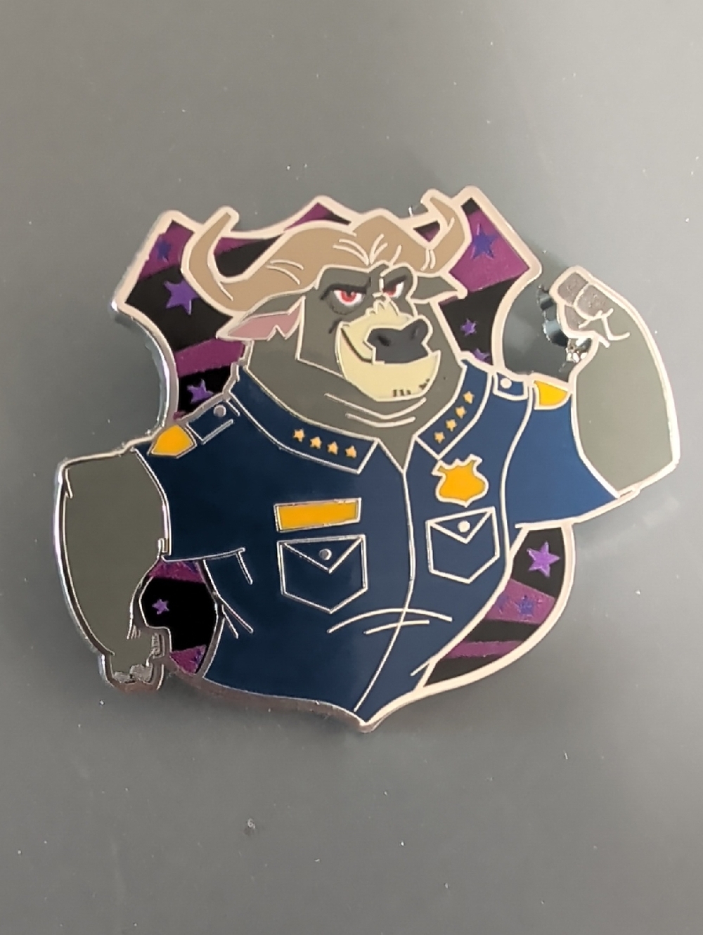 Disney Bull Police Enamel Pin in Navy, Purple, Yellow, Gray